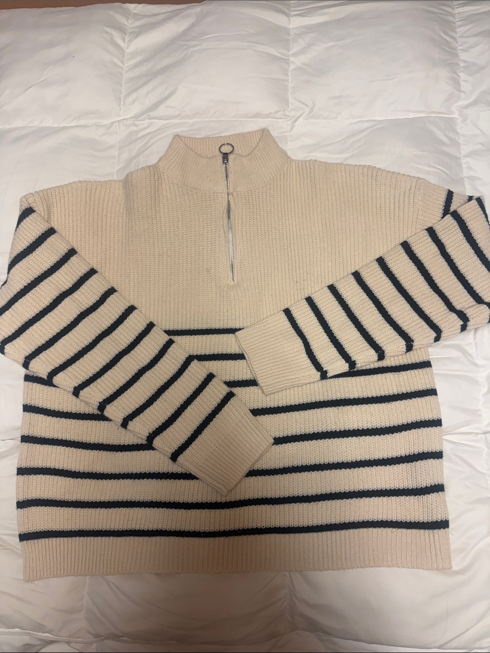 SHEIN Cream and Navy Striped Half-Zip Knit Sweater
